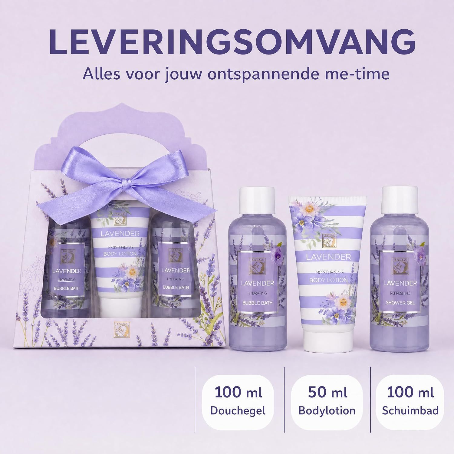 Lavendel geschenkset met douchegel, bodylotion en schuimbad in paarse gestreepte flacons en tubes.