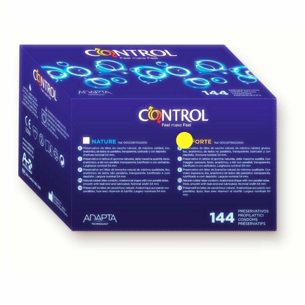 Boîte de préservatifs Control Nature Forte, 144 unités. Emballage bleu avec motifs circulaires.