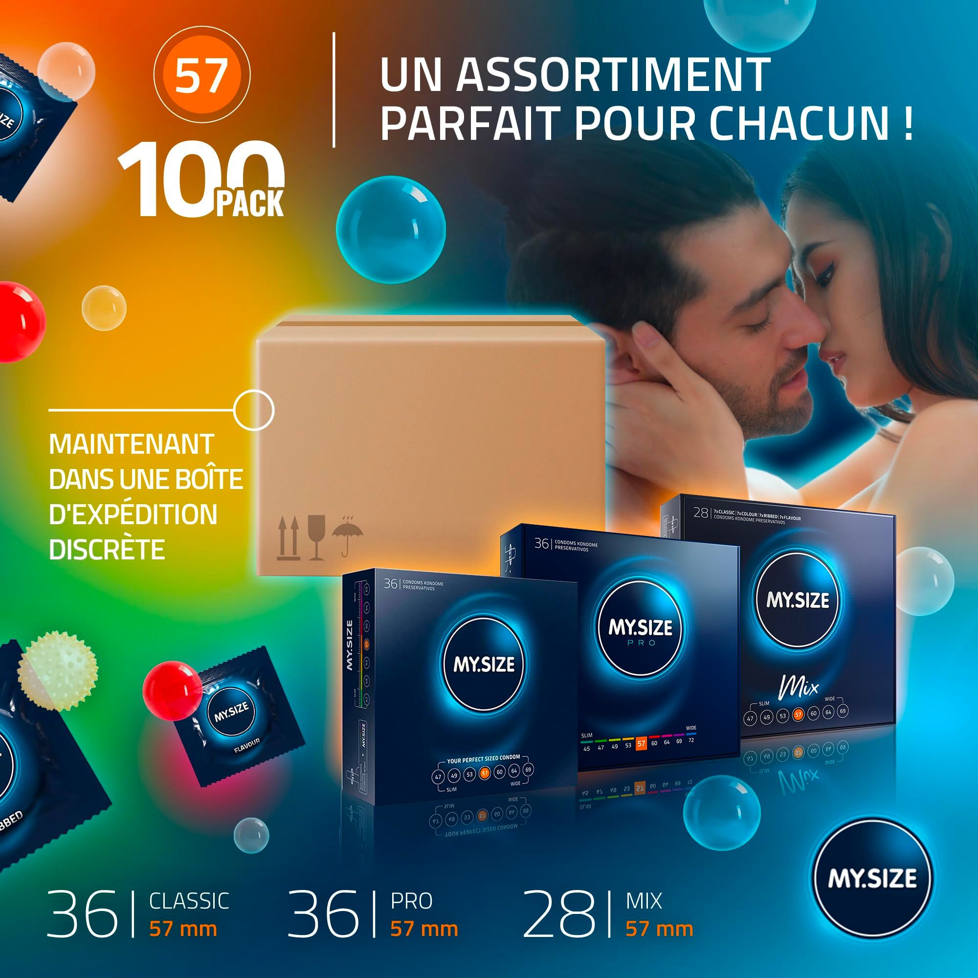 Pack de 100 préservatifs, 57mm, en différentes versions : Classic, Pro, Mix. Emballage discret.
