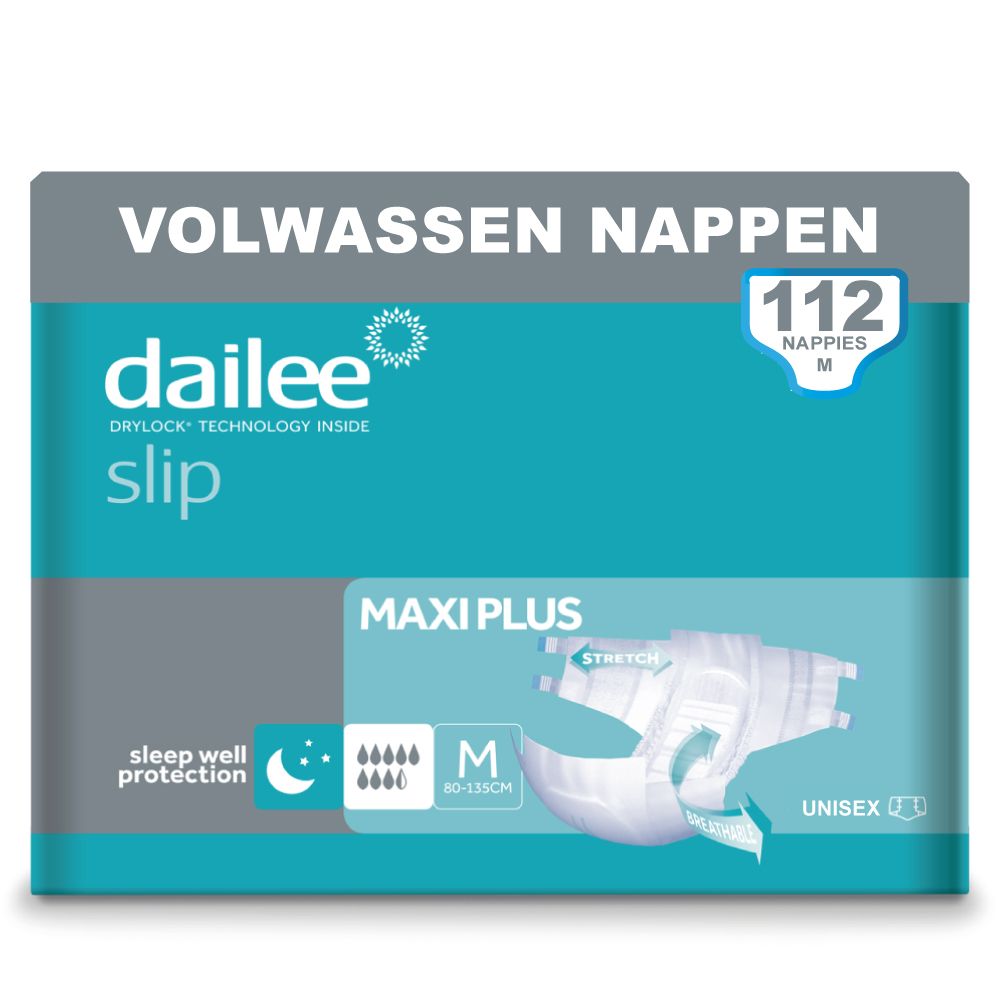 Dailee Slip Maxi Plus verpakking. Blauwe verpakking met productafbeelding en maat M. Tekst: VOLWASSEN NAPPEN.