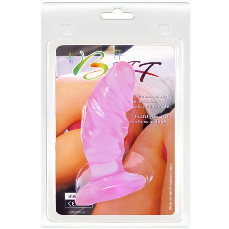 Plug anal rose en blister. Nom 'Baile' visible. Texte: 'The latest style, fit for male and female'.