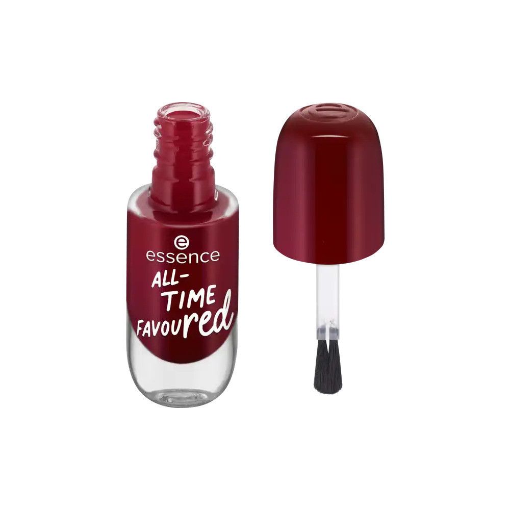 Flacon de vernis à ongles rouge ouvert. Pinceau visible. Inscription : ALL-TIME FAVOURED red. Marque : essence.