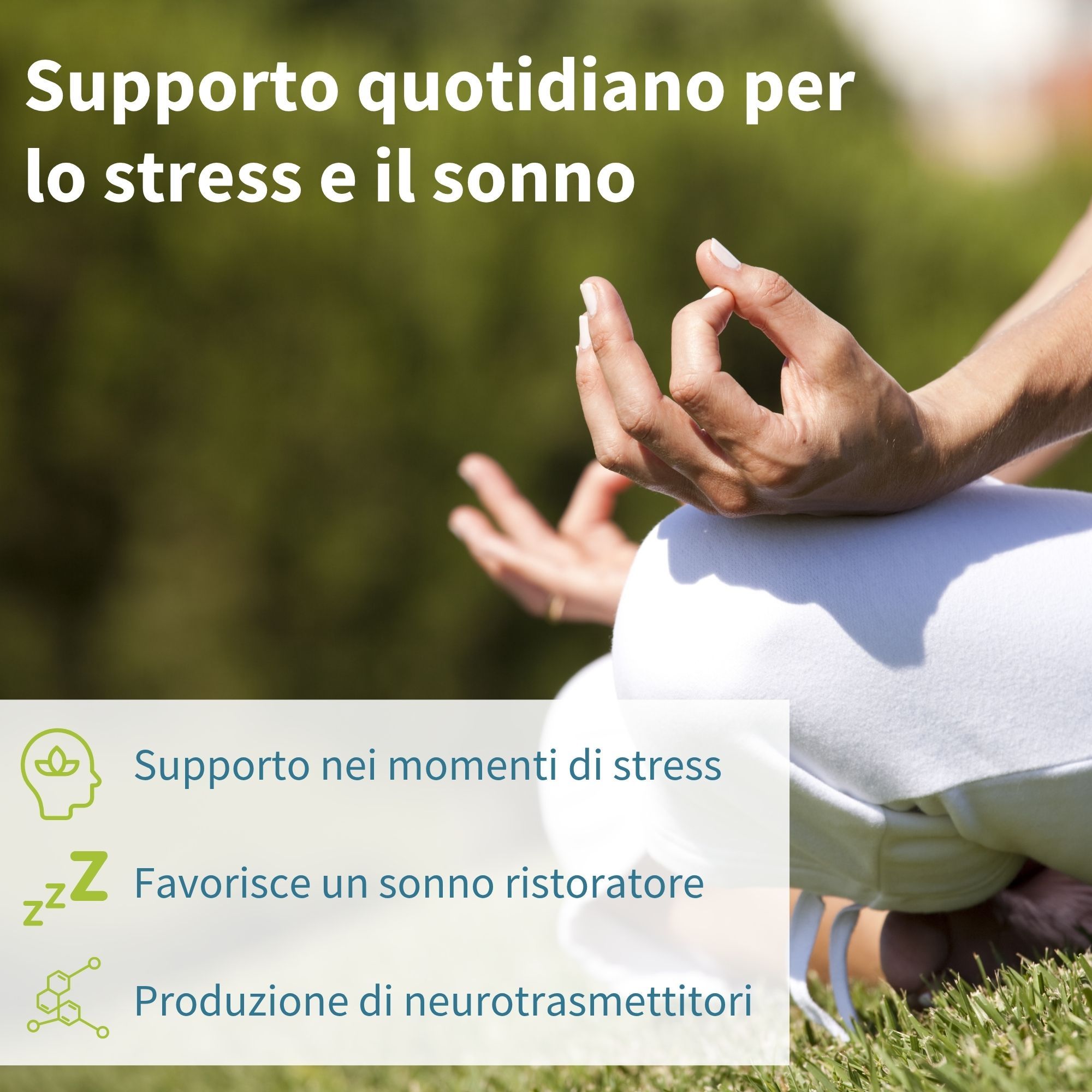 Personne en position de méditation à l'extérieur avec texte sur le soutien au stress et au sommeil.