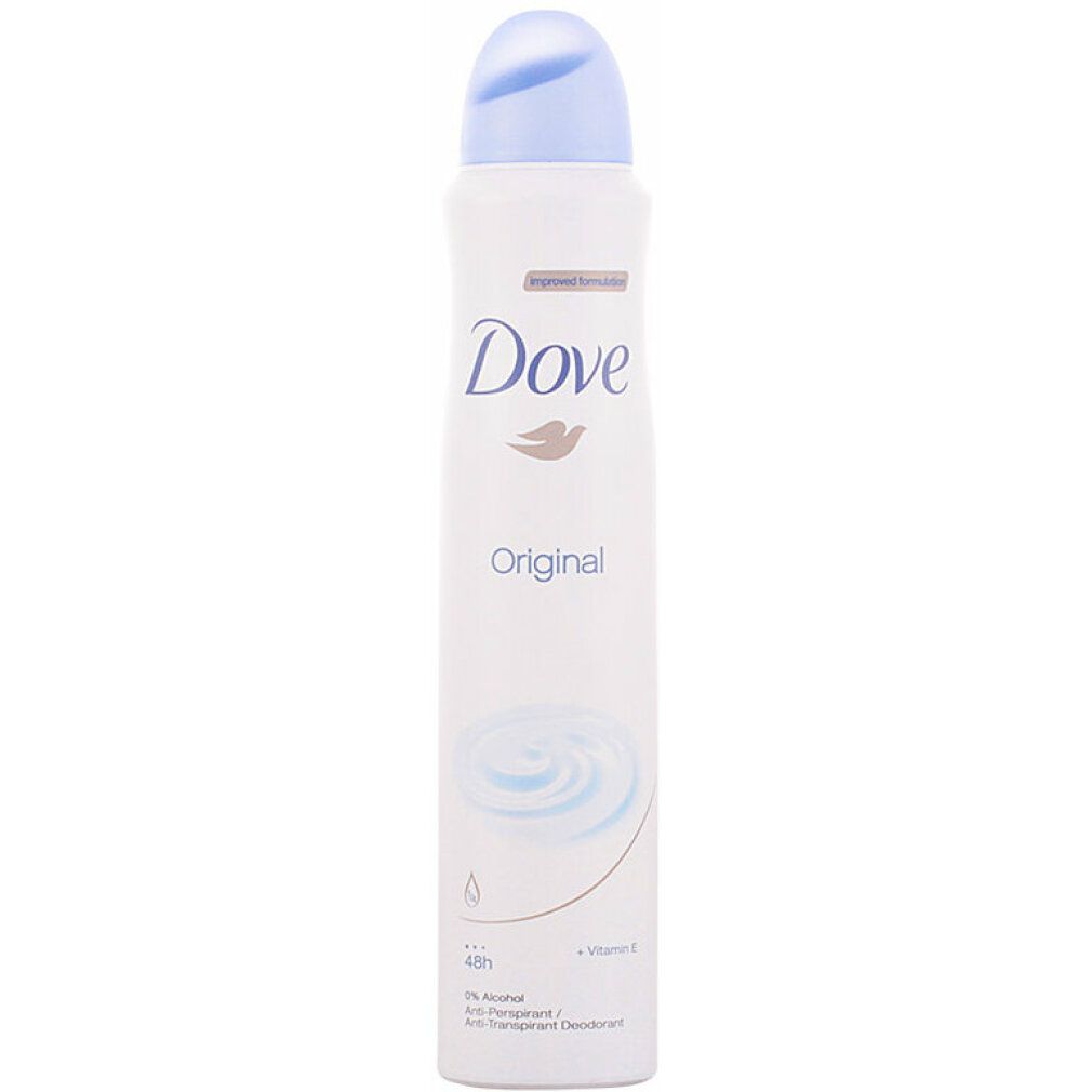 Dove Original Anti-Transpirant Deodorant Spray. Witte spray met blauwe dop. Dove-logo en 'Original' zichtbaar.