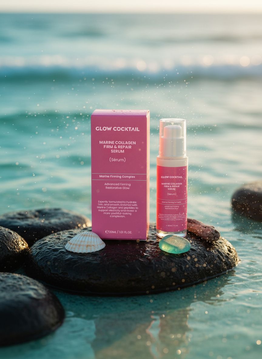 Sérum Glow Cocktail Marine Collagen et sa boîte sur la plage.