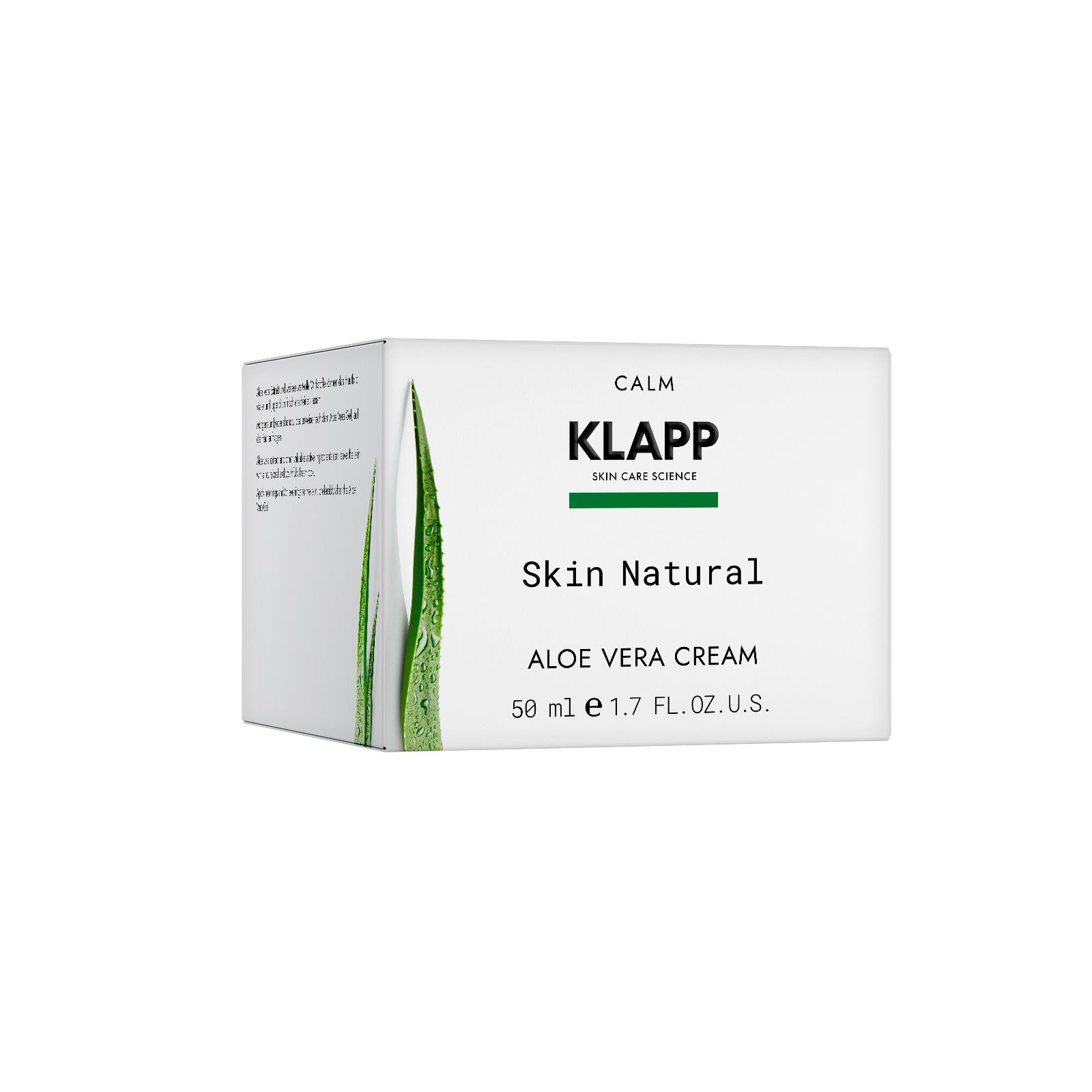 Witte verpakking met groene illustraties van aloë verabladeren. Opschrift: KLAPP Skin Natural Aloe Vera Cream.