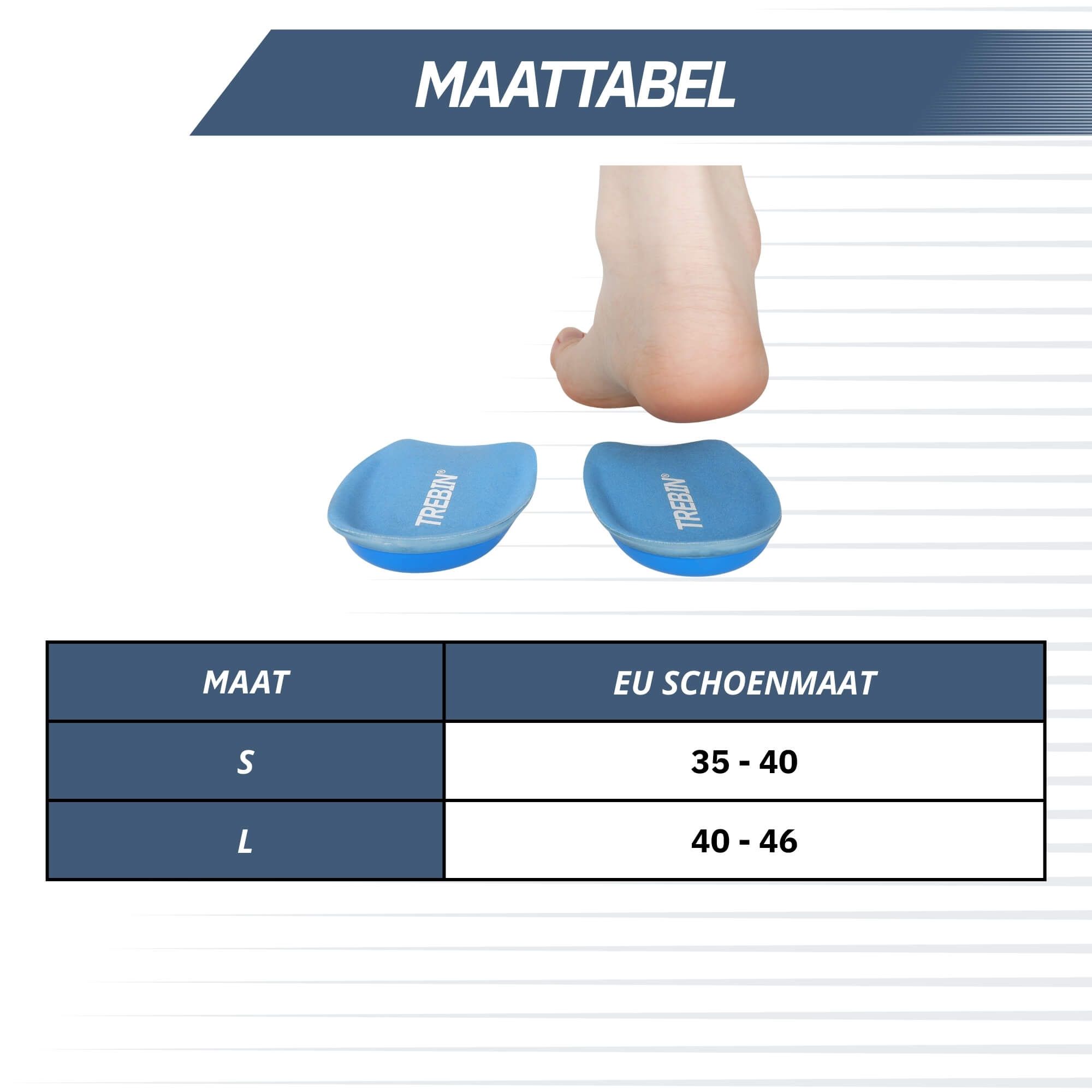 Maattabel voor inlegzolen: S (35-40), L (40-46).