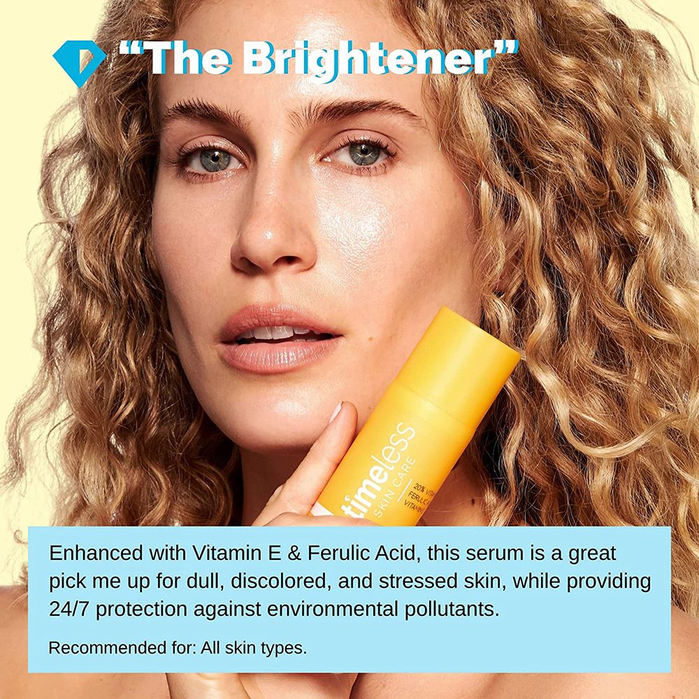 Vrouw houdt gele fles vast. Opschrift: timeless skin care. Tekst: Met vitamine E & ferulazuur. Aanbevolen voor alle huidtypes.