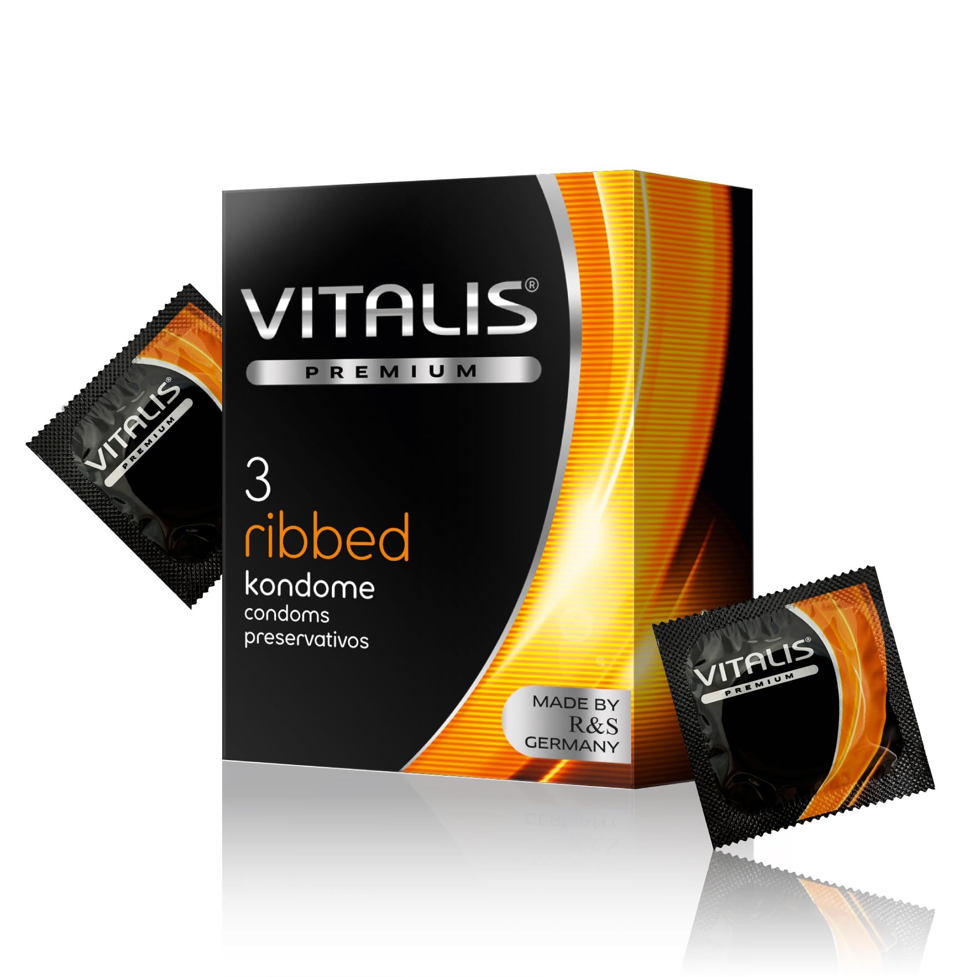 Boîte de 3 préservatifs Vitalis PREMIUM Ribbed, avec deux sachets individuels.