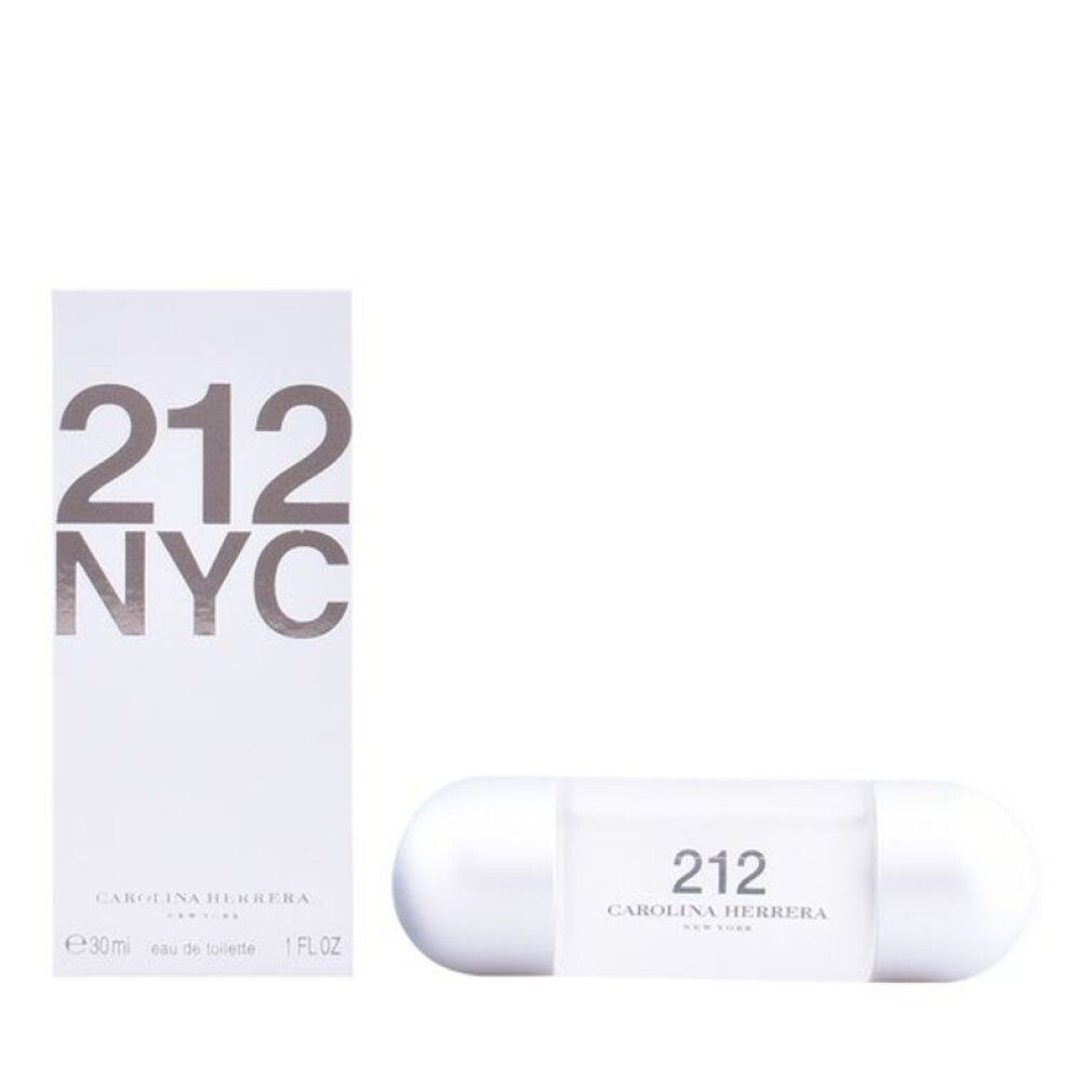 Flacon cylindrique, partie centrale argentée, capuchons blancs. "212" et "Carolina Herrera" imprimés.