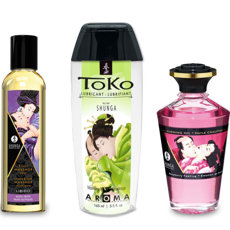 Drie Shunga producten: massageolie, glijmiddel en warming oil.