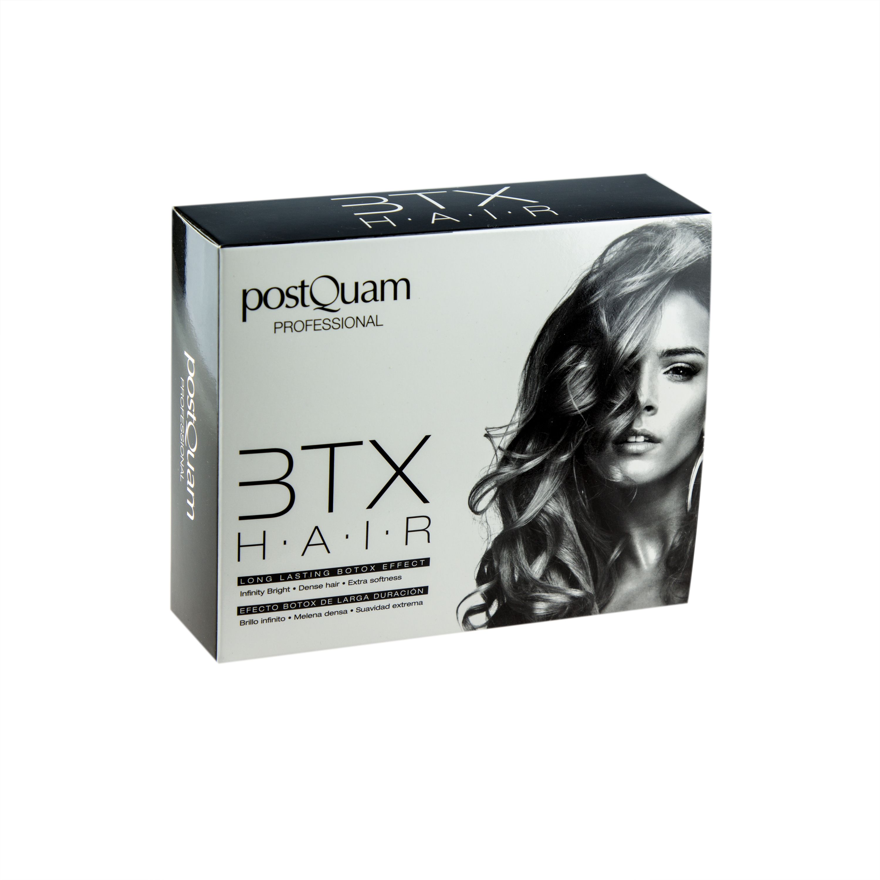Emballage de produit avec inscription : PostQuam, 3TX HAIR. Image d'une femme aux cheveux ondulés.
