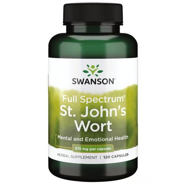 Gélule verte avec étiquette blanche : SWANSON St. John's Wort, 375 mg par gélule, 120 gélules.