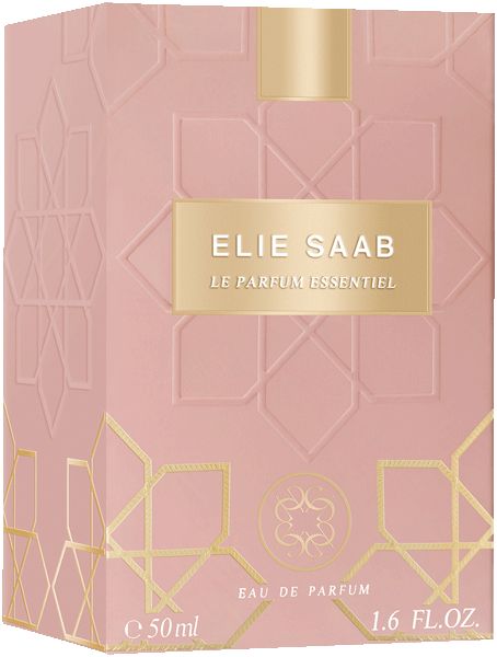 Boîte rose pour Elie Saab Le Parfum Essentiel Eau de Parfum avec gaufrage doré.