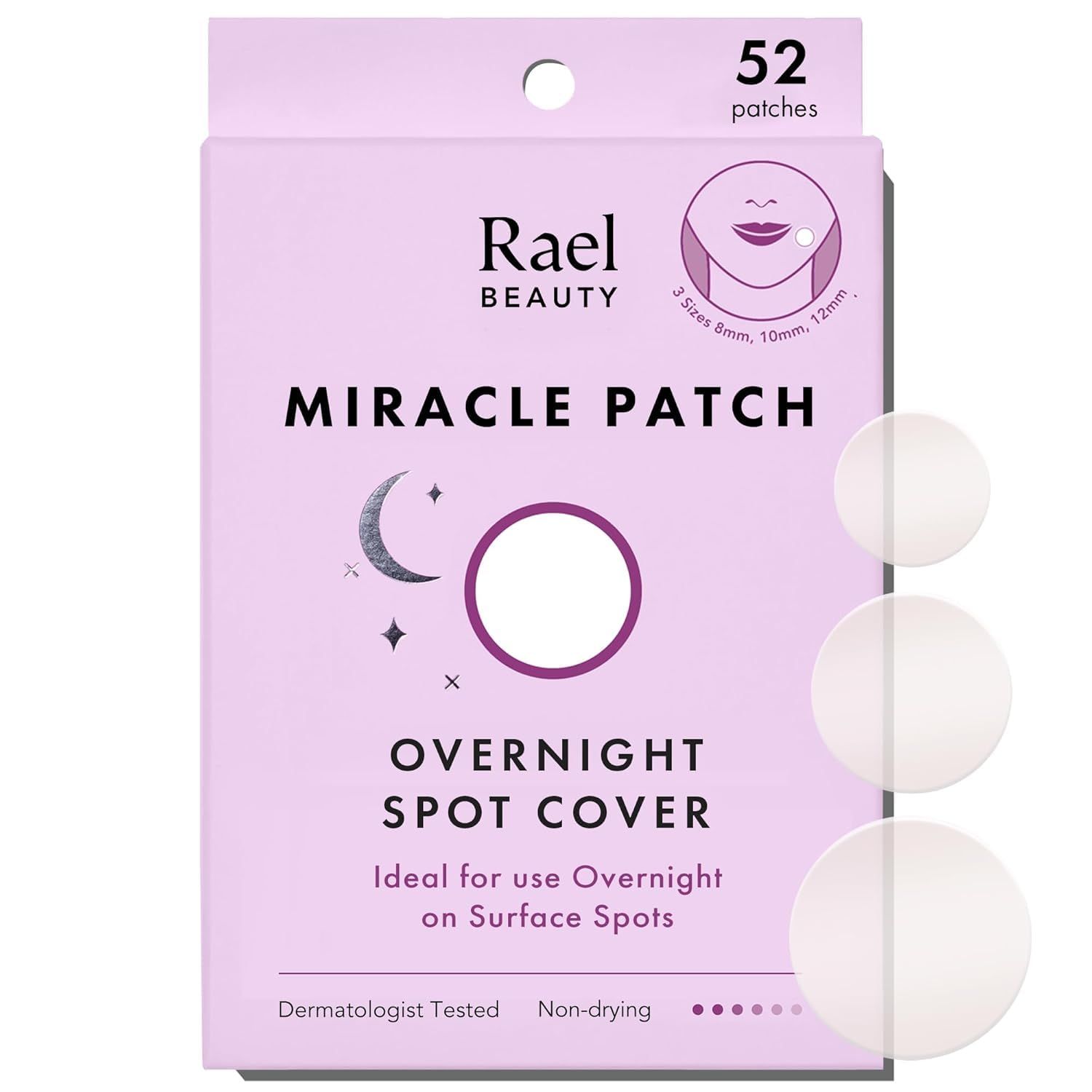 Verpakking met 52 pleisters. Opschrift: Rael Beauty Miracle Patch. 3 maten: 8mm, 10mm, 12mm. Dermatologisch getest.