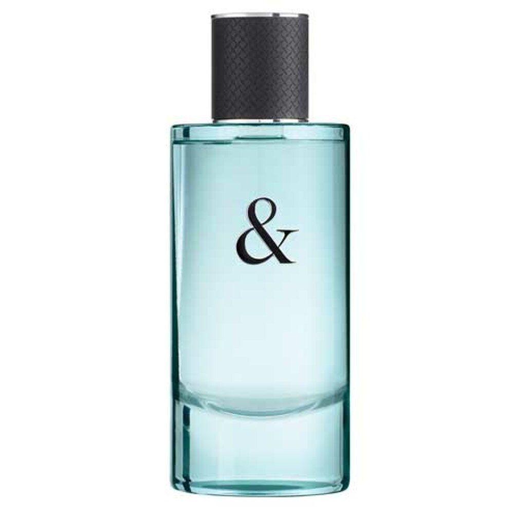 Fles met zwarte dop en & symbool. Lichtblauwe vloeistof. Rechthoekige vorm.