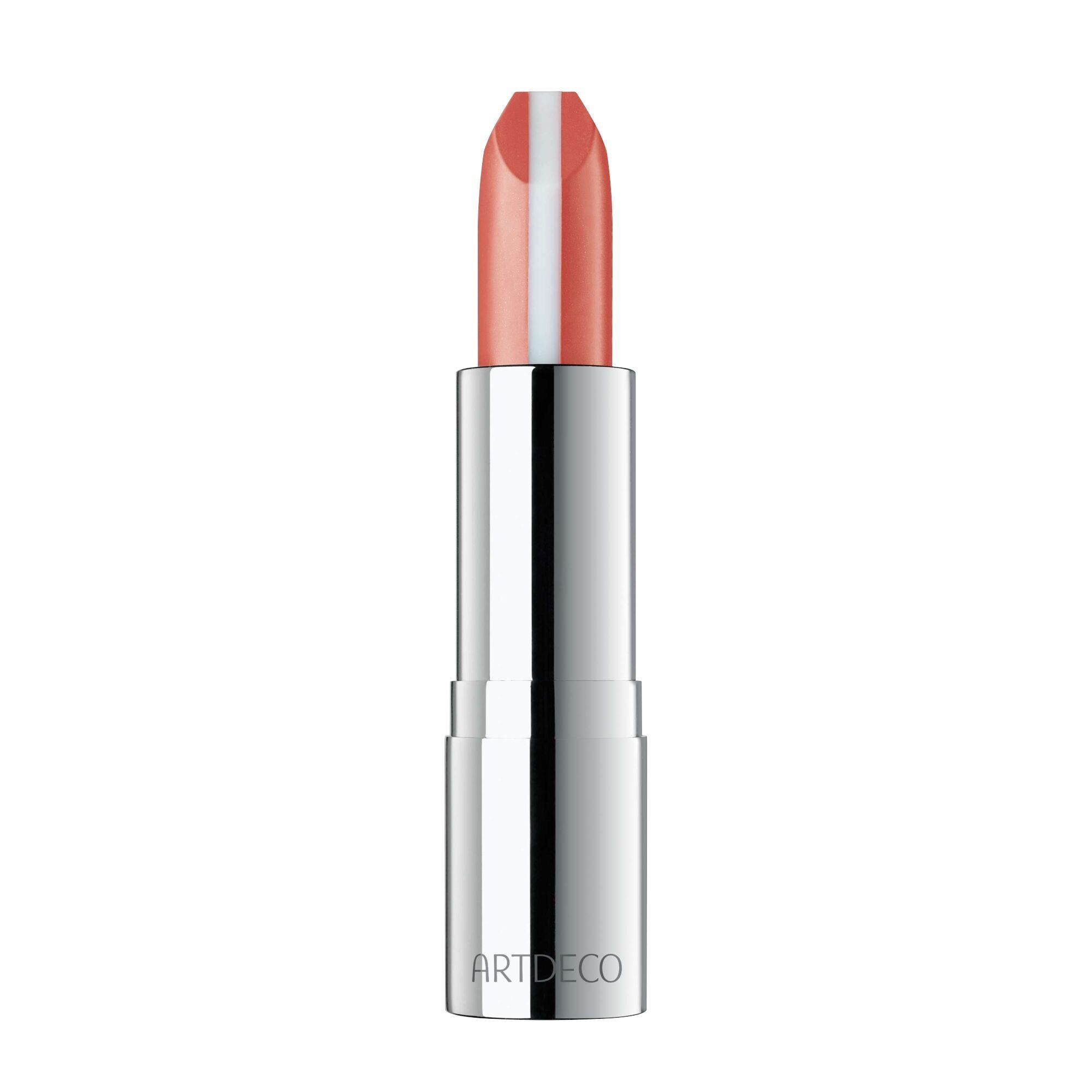 Roze-oranje lipstick met witte streep in het midden. Zilverkleurige huls. Merknaam ARTDECO zichtbaar.