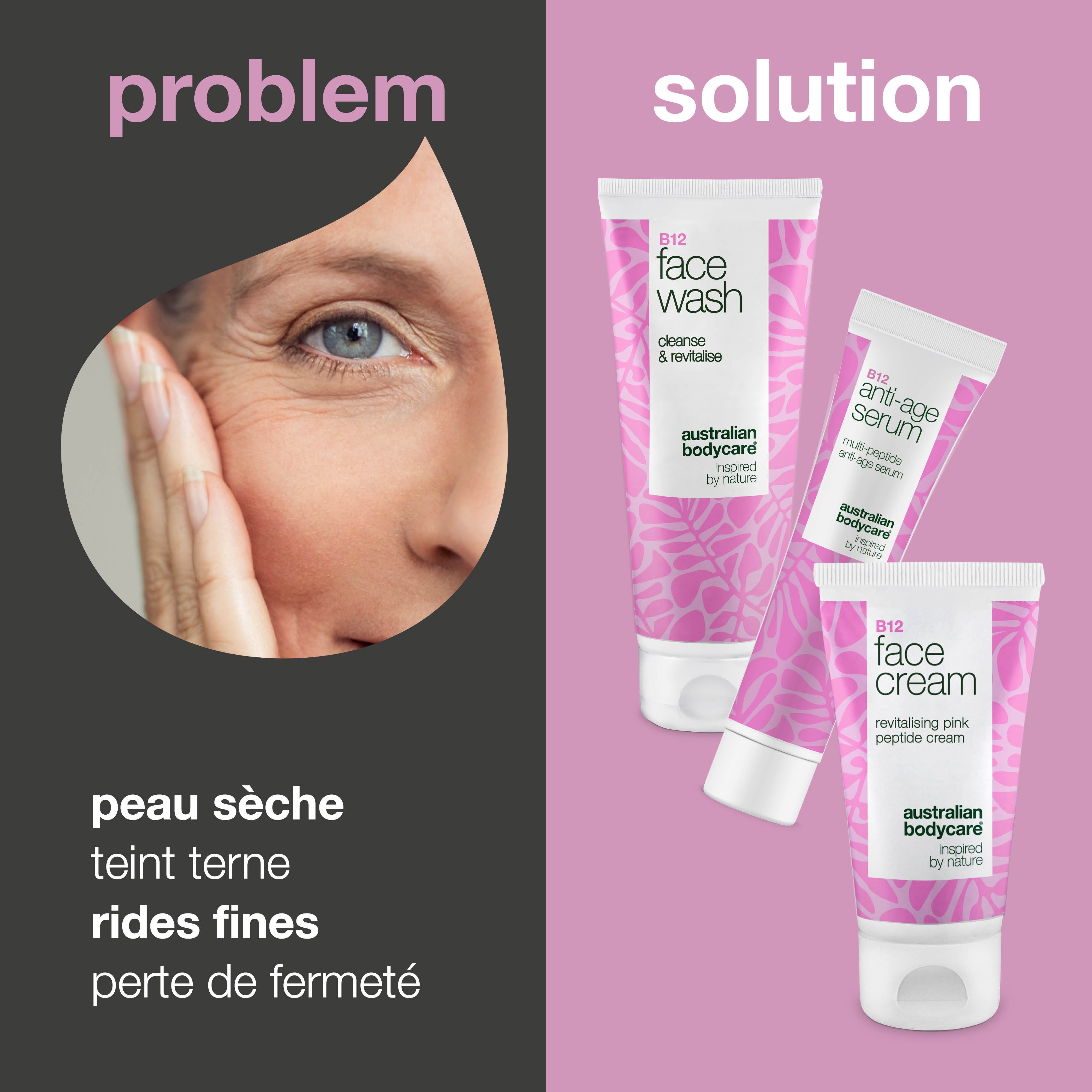 Visage d'une femme avec des rides. À côté, trois tubes Australian Bodycare : Face Wash, Face Cream, Anti-Age Serum.