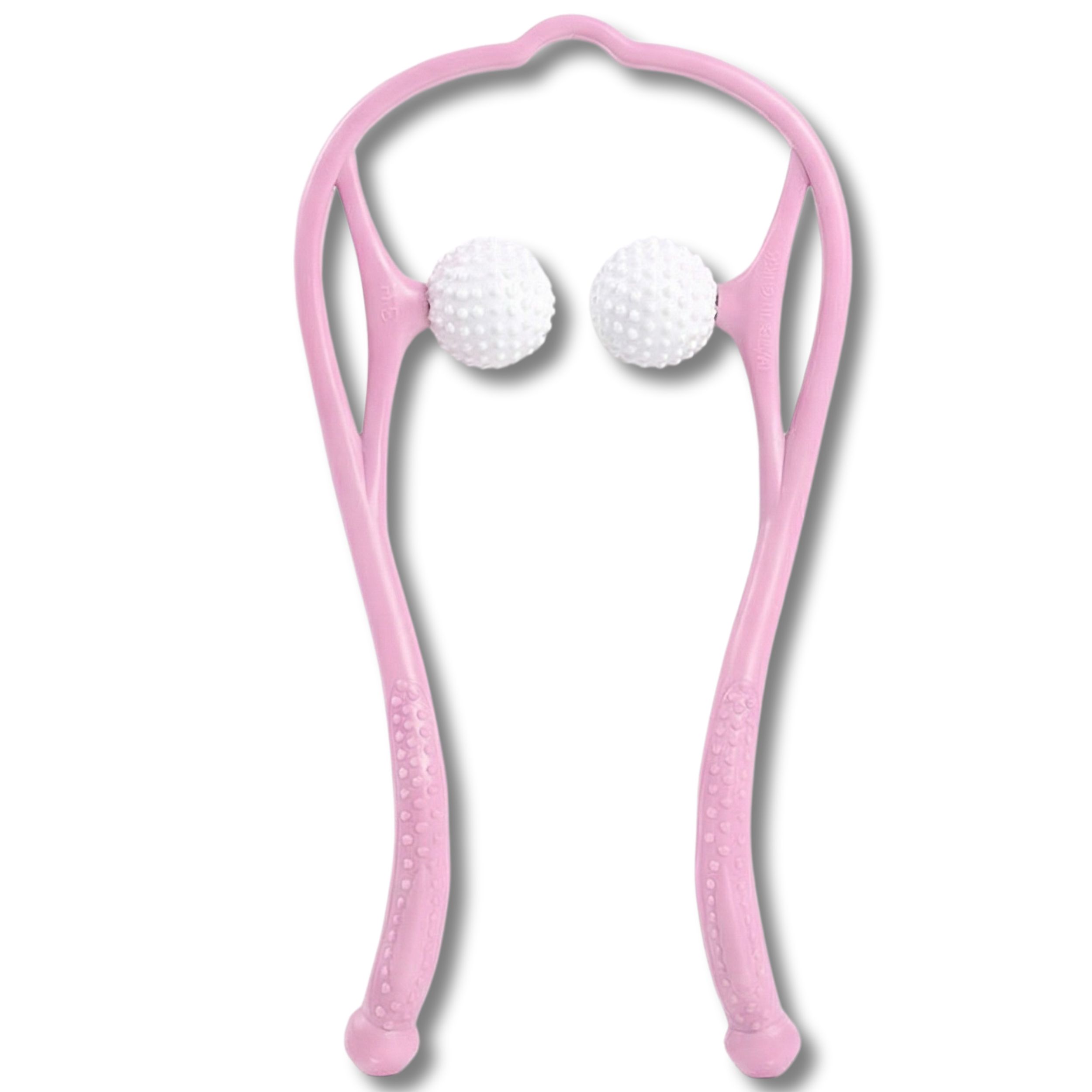Roze nek- en schoudermassager. Twee witte ballen. Ergonomische vorm. Lichtroze kunststof.