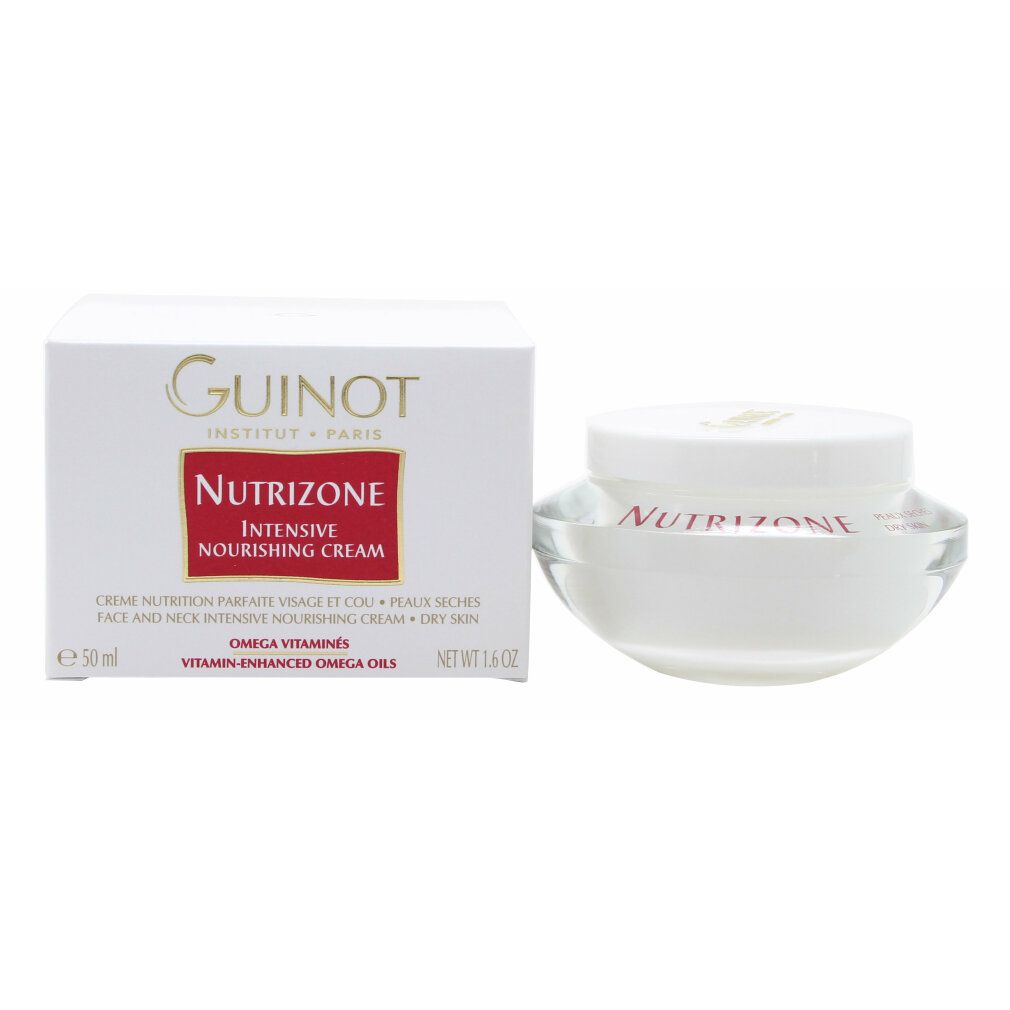 Crème en verpakking. Witte glazen pot met deksel en doos. Guinot Nutrizone. Tekst: Intensive Nourishing Cream, Droge huid.