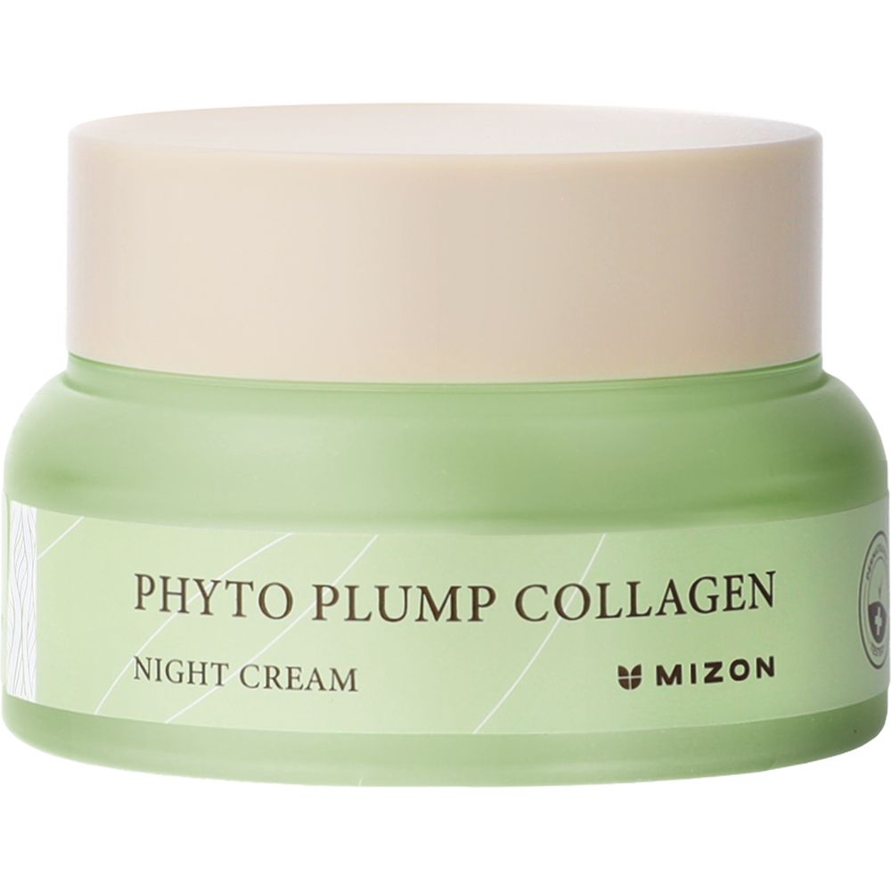 Groene glazen pot met beige deksel. Opschrift: Phyto Plump Collagen Night Cream. Merk Mizon.