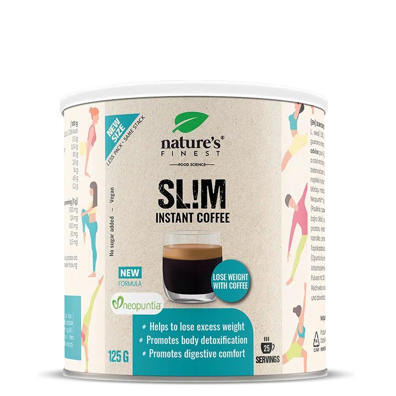 Boîte de café instantané Nature's Finest SL!M de 125g. Illustrée de personnes actives et des avantages du produit.