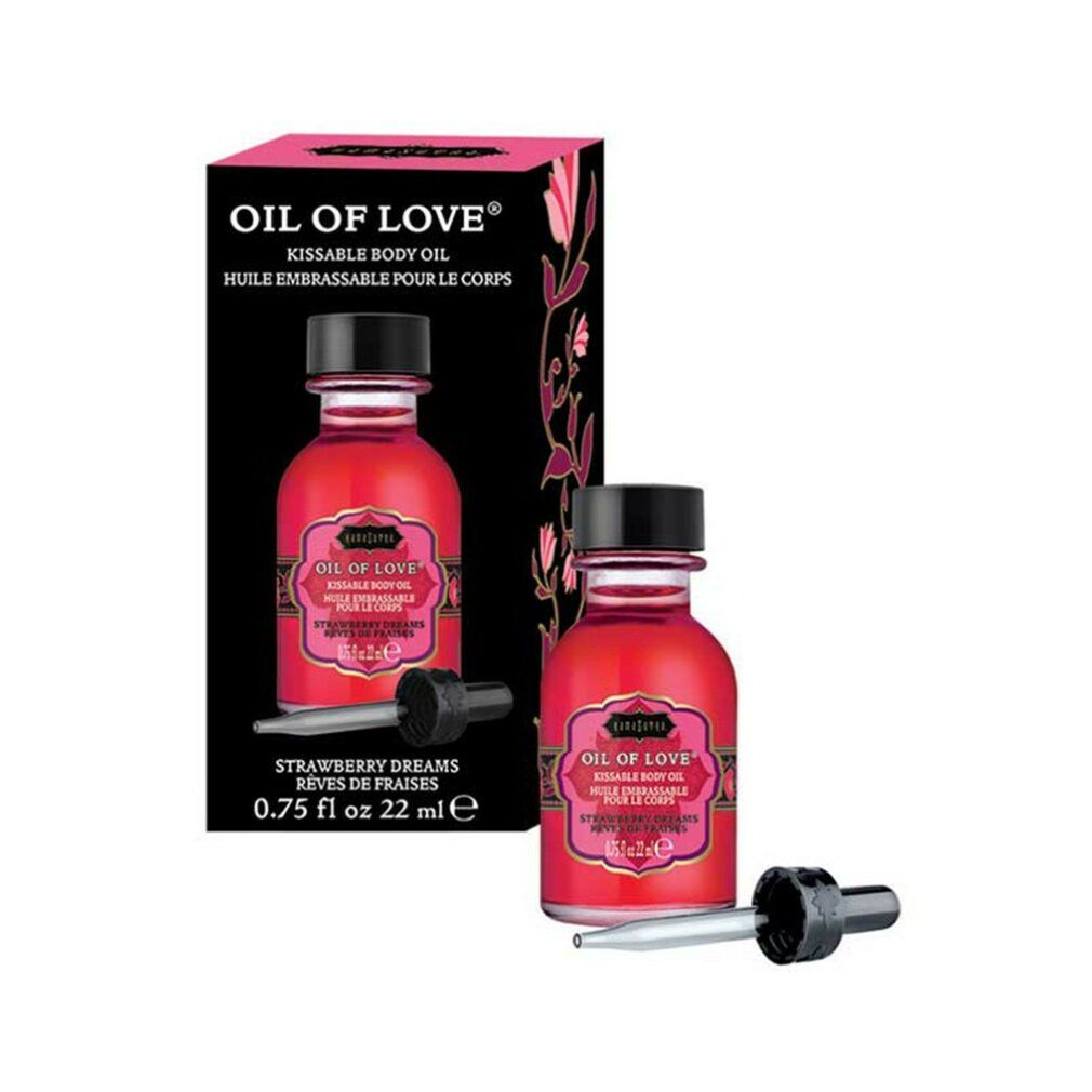 Rode olie in glazen fles met zwarte dop en pipet. Opschrift: OIL OF LOVE. Verpakking met bloemmotief.