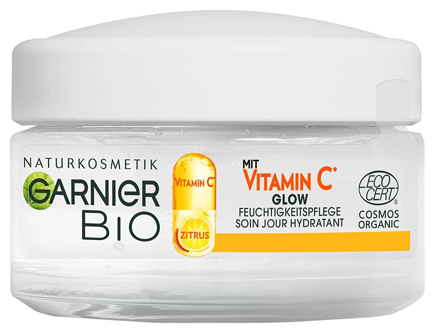 Soin de jour Garnier Bio à la Vitamine C et extrait d'agrumes. Certifié COSMOS ORGANIC.