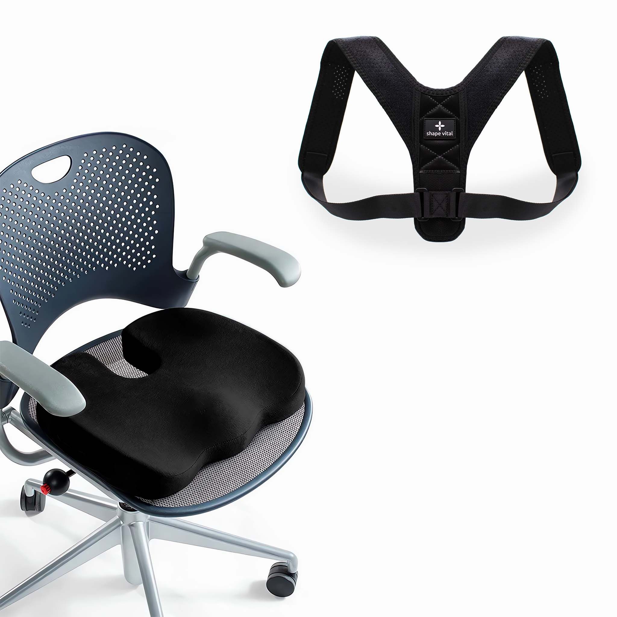 Ergonomisch zitkussen en houdingscorrigerende band om een bureaustoel.