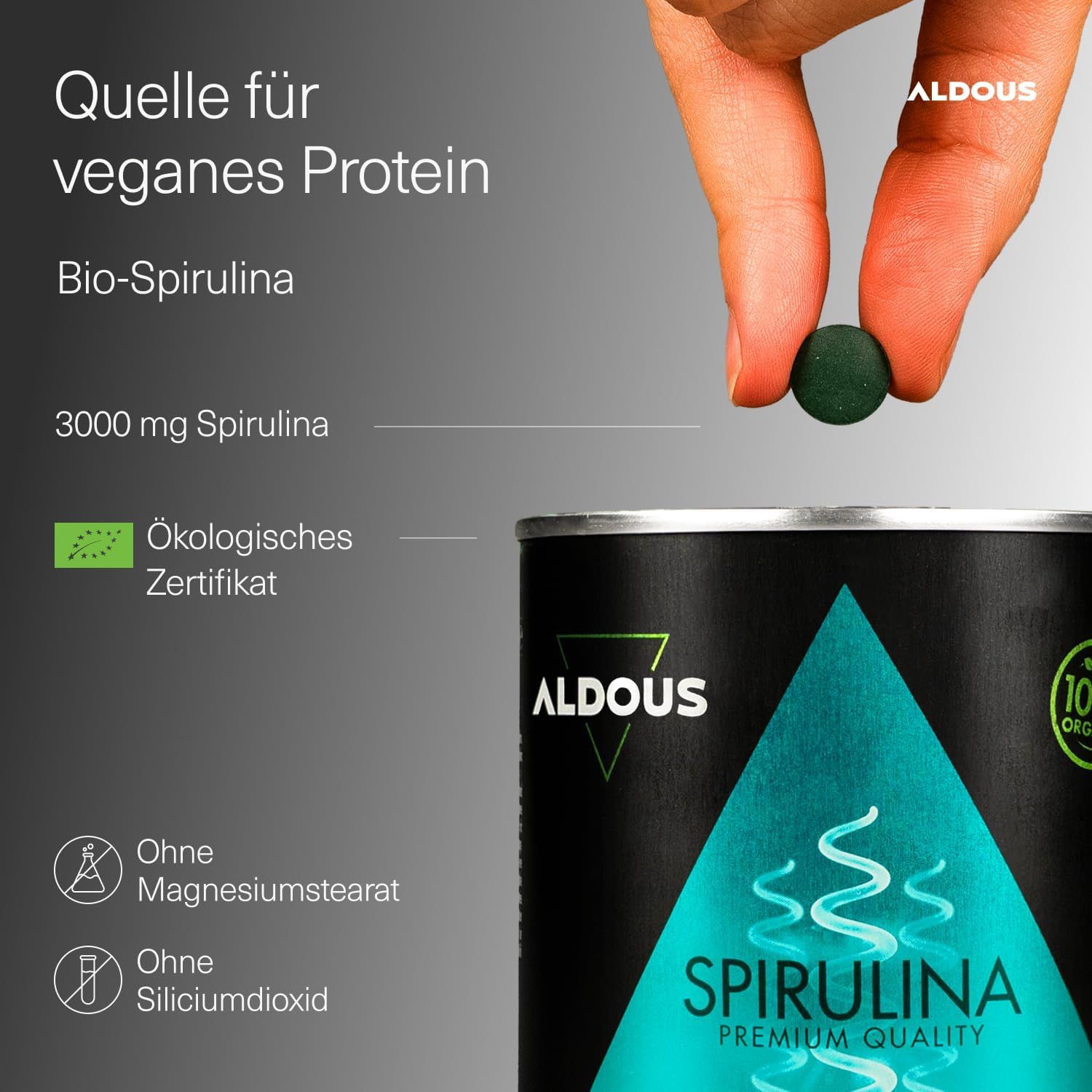 Boîte de comprimés Aldous Spirulina avec 3000 mg de spiruline, Certificat Bio, Sans stéarate de magnésium.