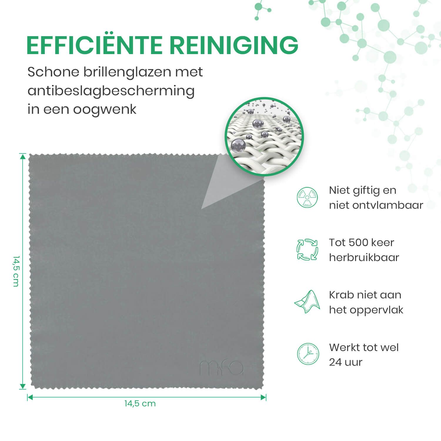 Grijze doek met gekartelde randen. Afmetingen: 14,5 cm x 14,5 cm. Tekst: Niet giftig, herbruikbaar, krasvrij, tot 24 uur effectief.