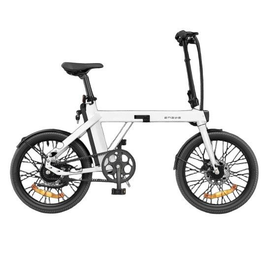 Vélo électrique pliable blanc avec pneus et détails noirs. Le vélo est plié.