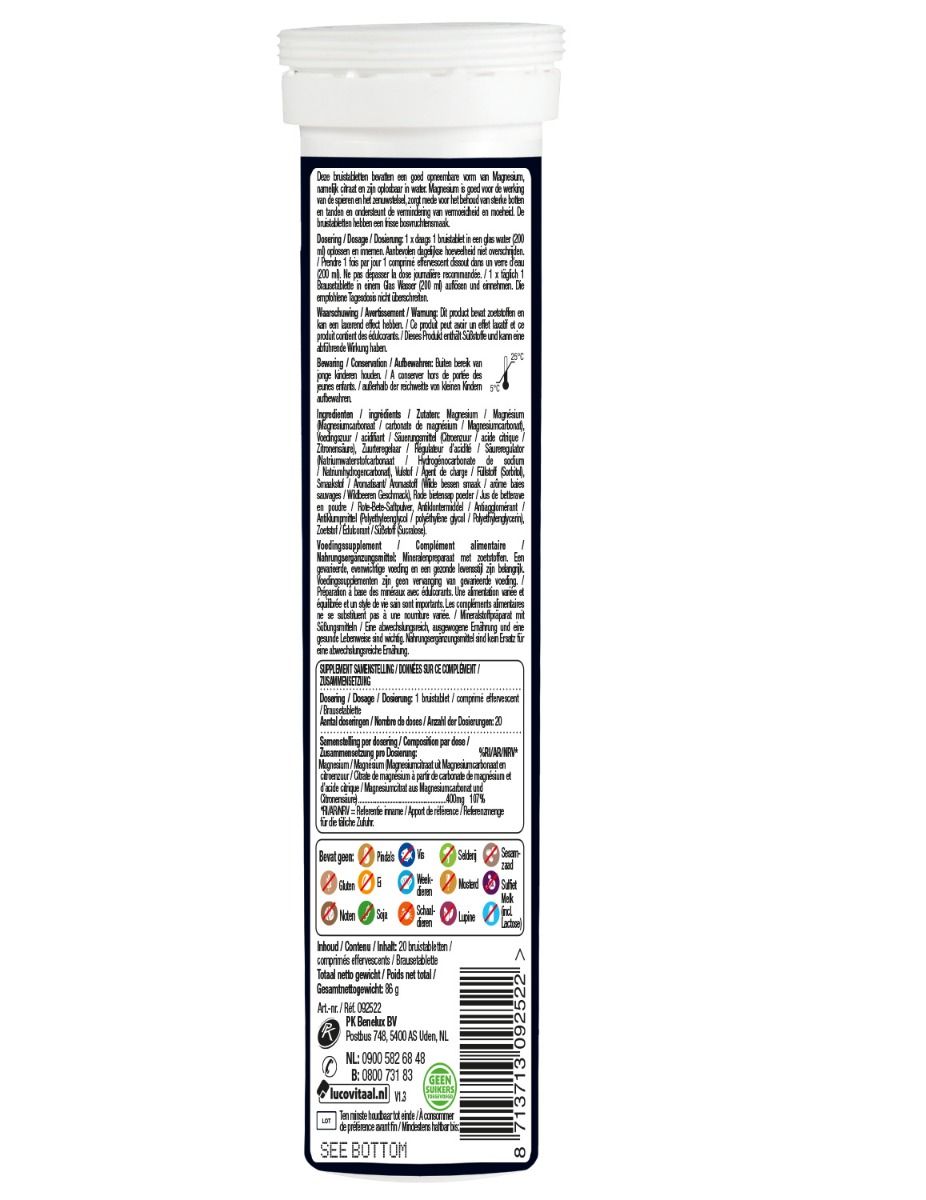 Achterkant van de cilindrische verpakking met tekst in meerdere talen. Bevat informatie over ingrediënten en gebruik.