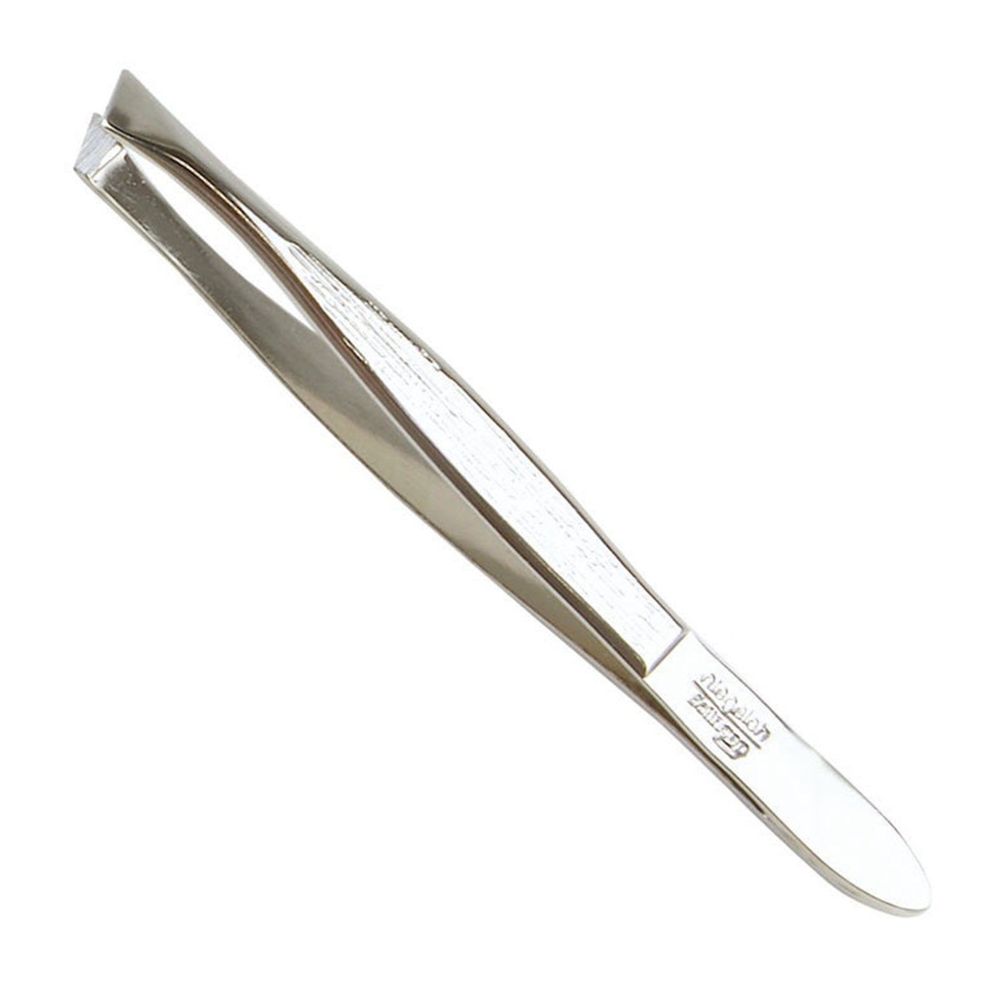 Schuine, vernikkelde pincet. Zilverkleurig metaal, schuine punten. Niegeloh-logo op de steel.