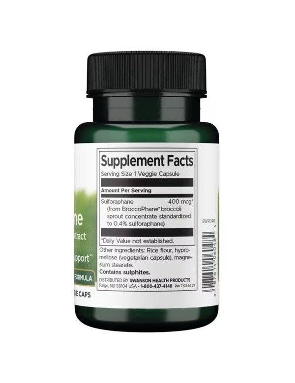 Dos de la bouteille avec informations nutritionnelles : 400 mcg de sulforaphane par capsule, Broccophané, ingrédients.