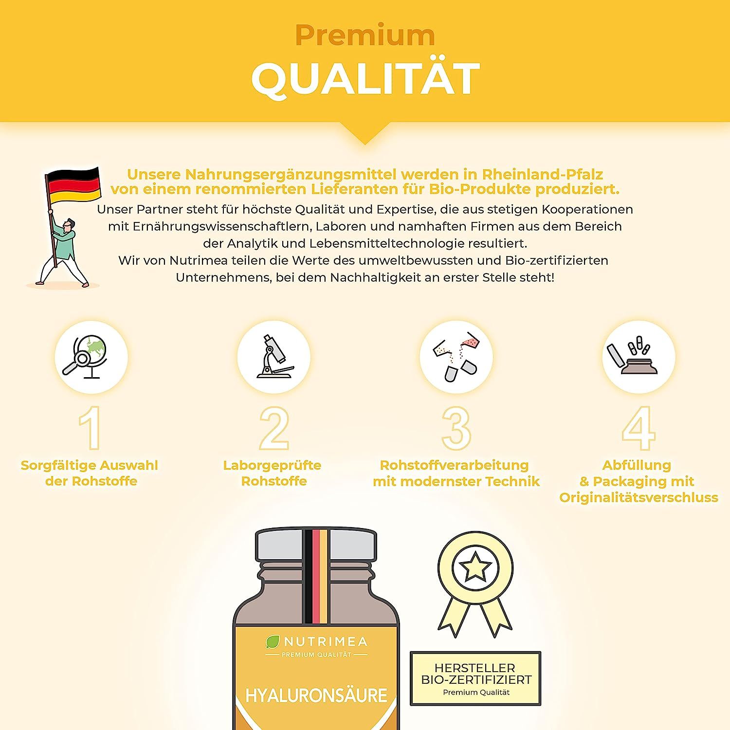 Infographic met kwaliteitskenmerken. Thema's: grondstoffen, laboratoriumtests, moderne techniek, afvullen, bio-certificering.