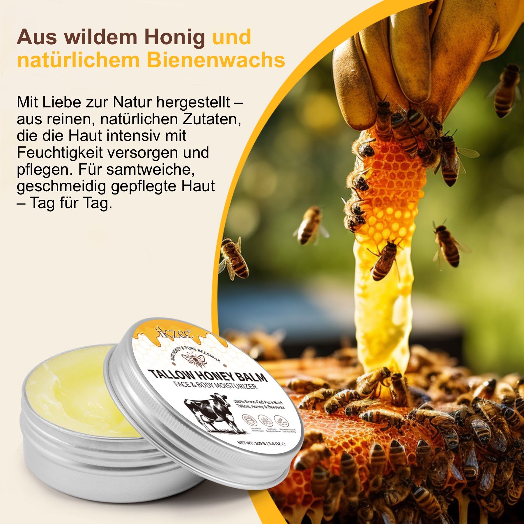 Produit en pot près des rayons de miel et des abeilles. Texte: Tallow Honey Balm. Fabriqué avec du miel sauvage et de la cire d'abeille.