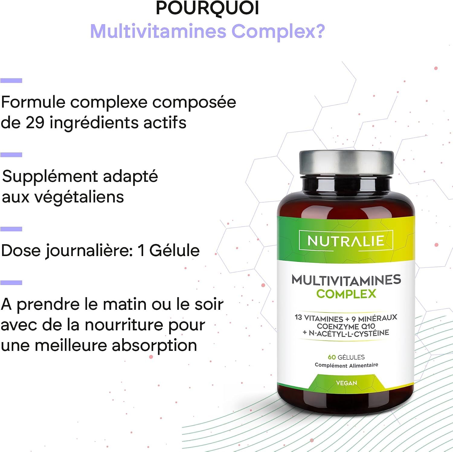 Bouteille de Multivitamines Complex de Nutralie, contenant 60 gélules. La bouteille est brune avec un bouchon argenté et une étiquette aux accents verts et jaunes.