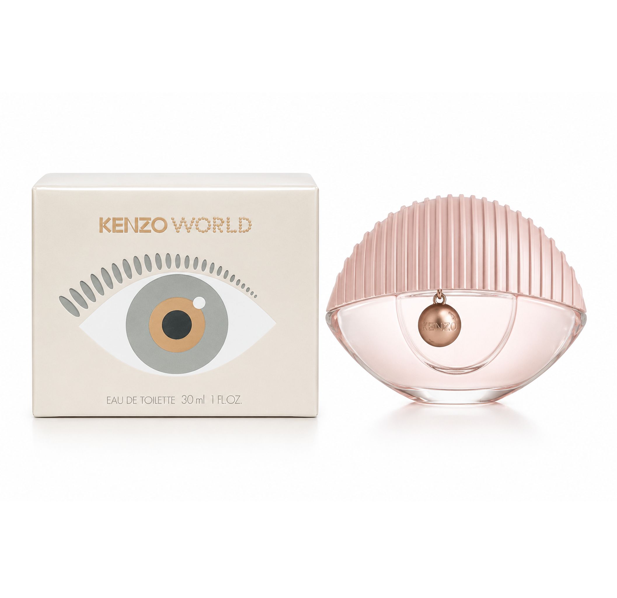 Kenzo World Eau de Toilette Spray. Flacon en forme d'œil rose. Emballage avec motif d'œil et texte.