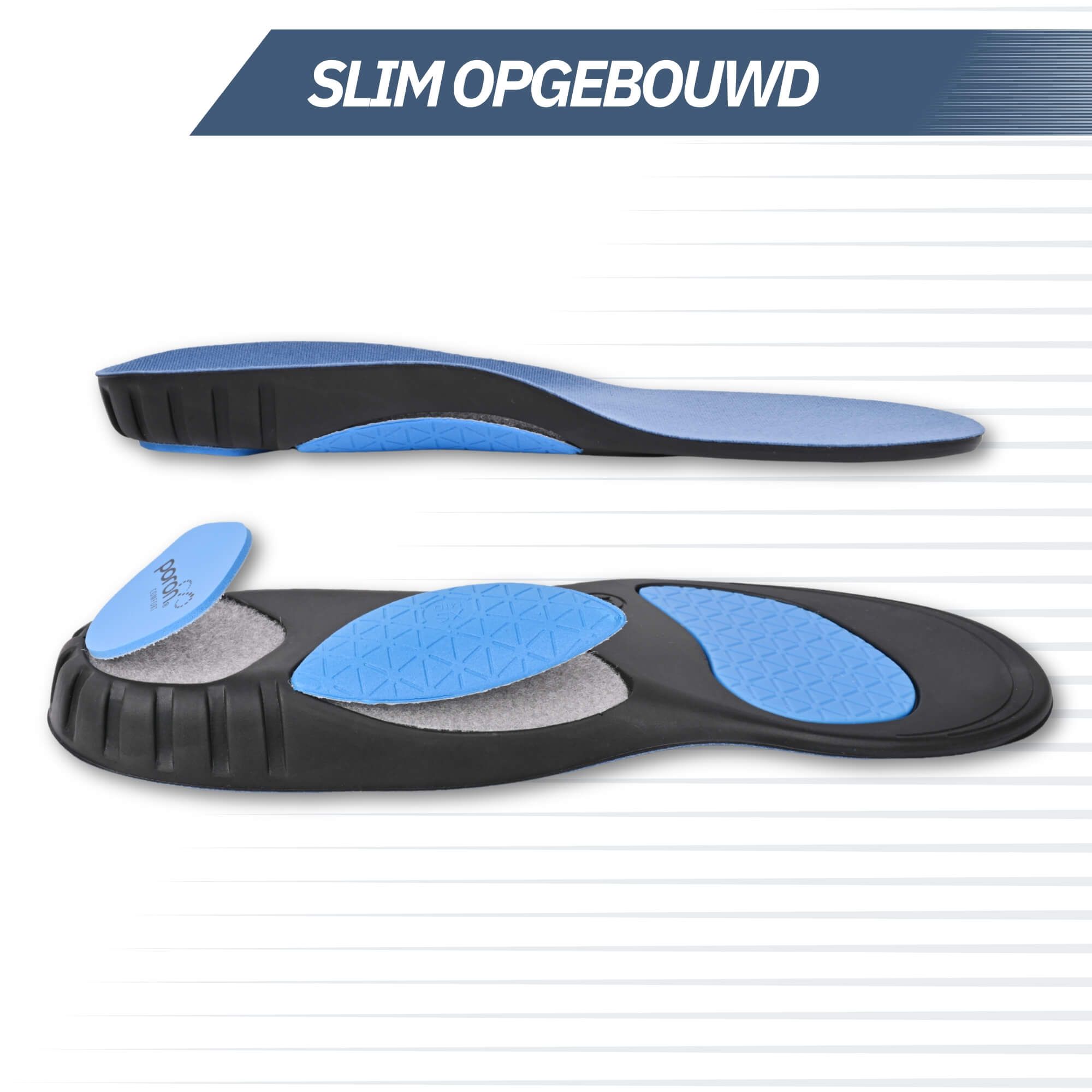 Une paire de semelles orthopédiques, une au-dessus, une en dessous, avec des coussinets bleus et gris.
