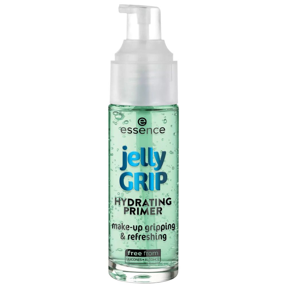 Primer liquide transparent avec pompe. Inscription: Jelly Grip, Hydrating Primer, make-up gripping & refreshing. Marque: essence.