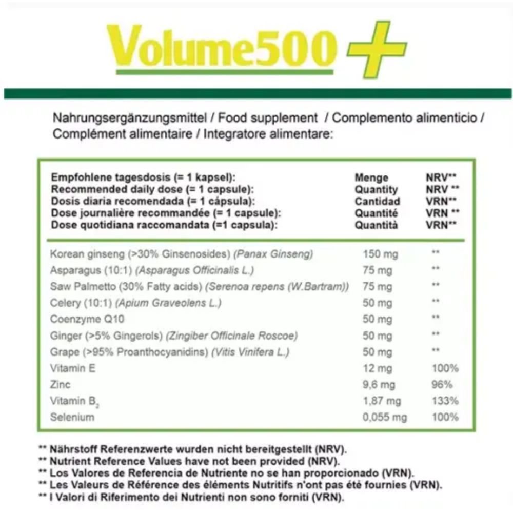 Tableau des compléments alimentaires avec ingrédients. Texte: Volume500+. Dose journalière recommandée: 1 gélule.