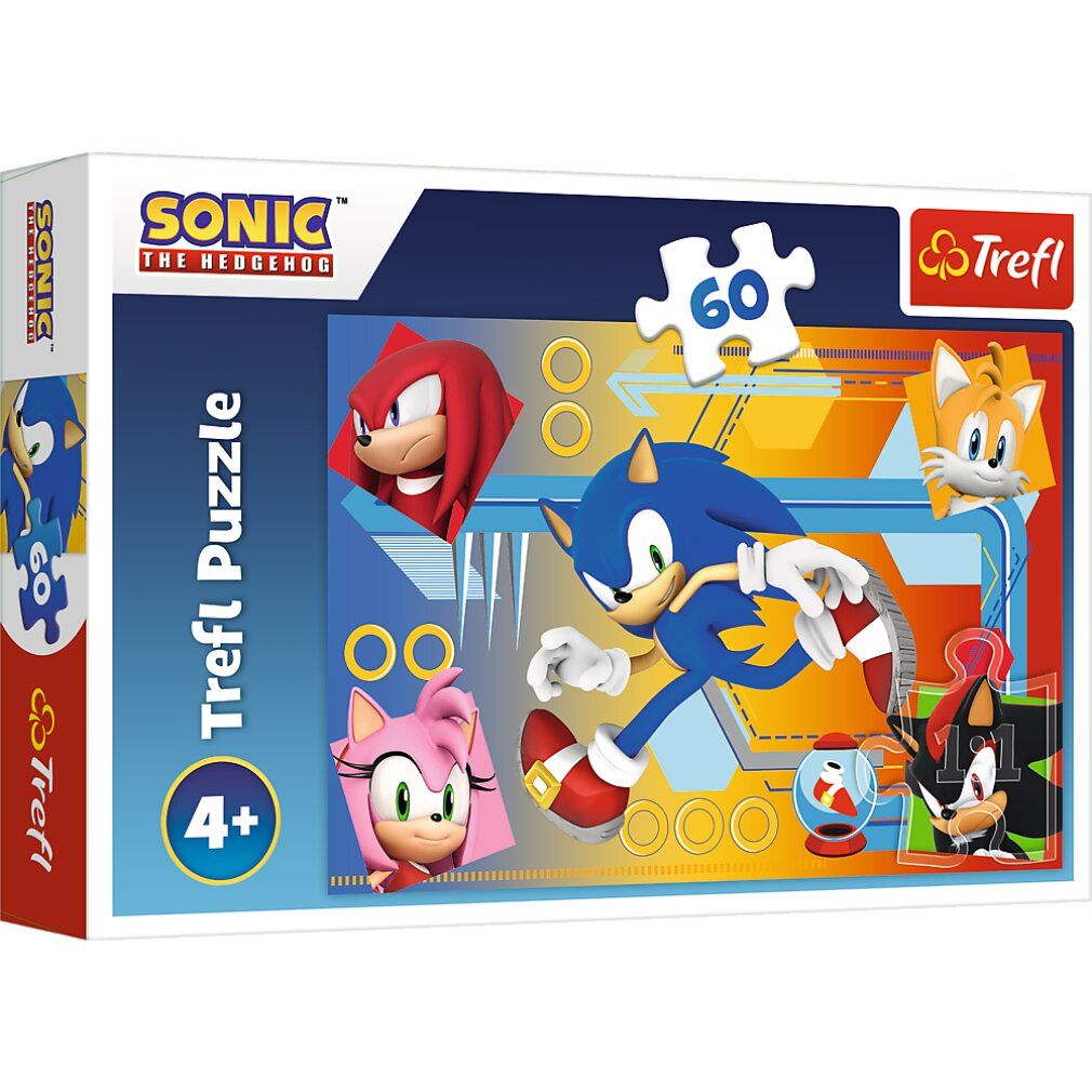 Puzzle Trefl, 60 pièces, Sonic. Emballage avec Sonic et amis. Logo Sonic the Hedgehog. Âge recommandé : 4+. Marque Trefl.
