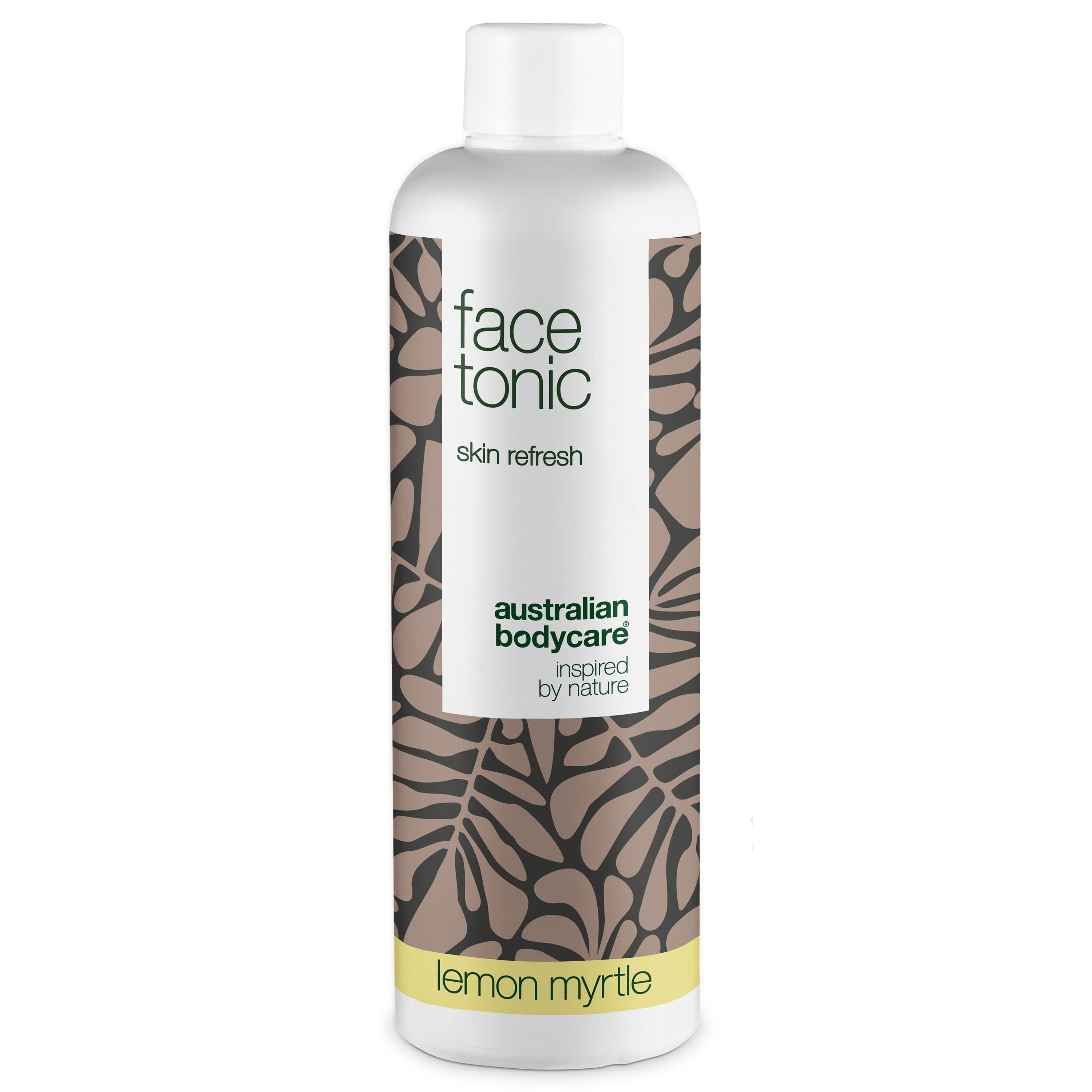 Wit-bruine fles met "face tonic" erop. Merk: Australian Bodycare. "Lemon Myrtle" staat onderaan.