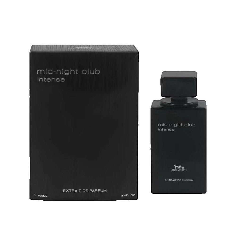 Flacon et boîte noirs. Inscription : mid-night club intense. Extrait de Parfum. Logo. Forme carrée. Bouchon noir.