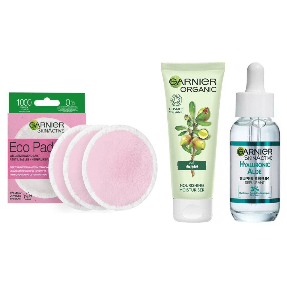 Garnier - Routine Soin Visage – Crème Argan + Sérum Hyaluronique + Disques Démaquillants