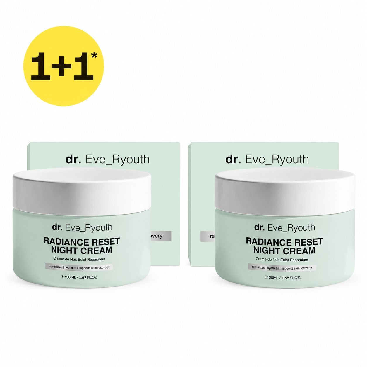 Twee groene potjes dr. Eve_Ryouth Radiance Reset Night Cream, elk 50ml.