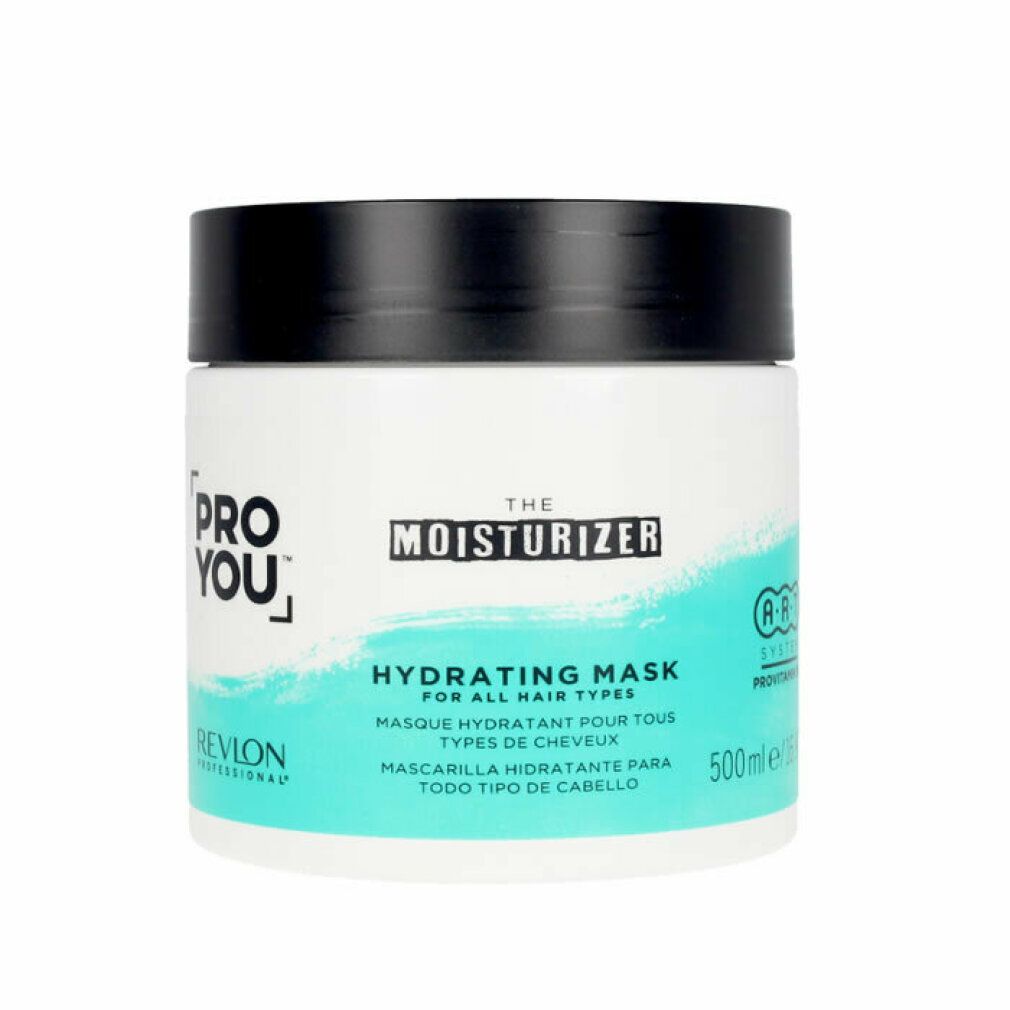 Pot blanc, couvercle noir. Inscription: PRO YOU, THE MOISTURIZER, HYDRATING MASK. Fond turquoise. 500ml.