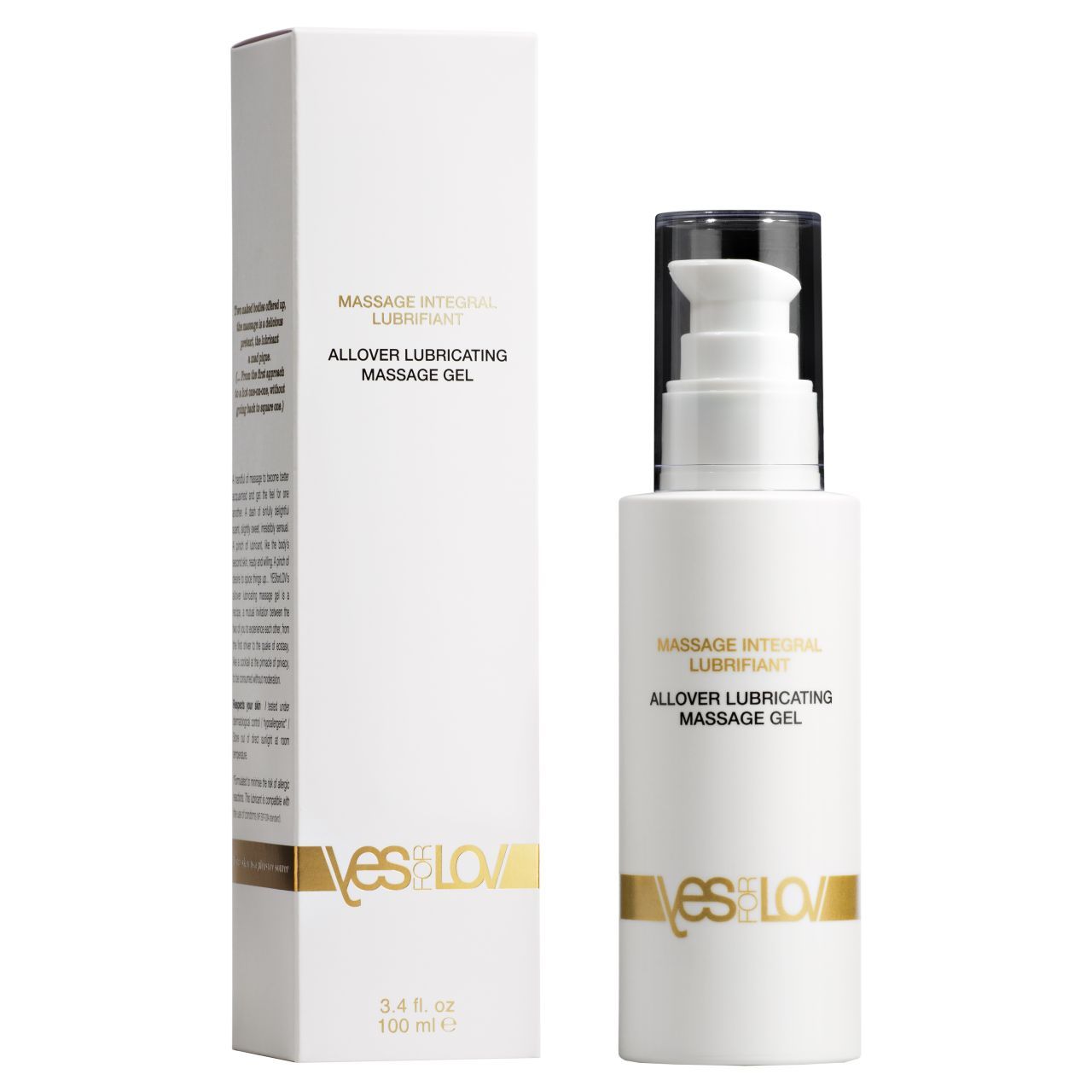 Fles massagegel met pompdos en verpakking.