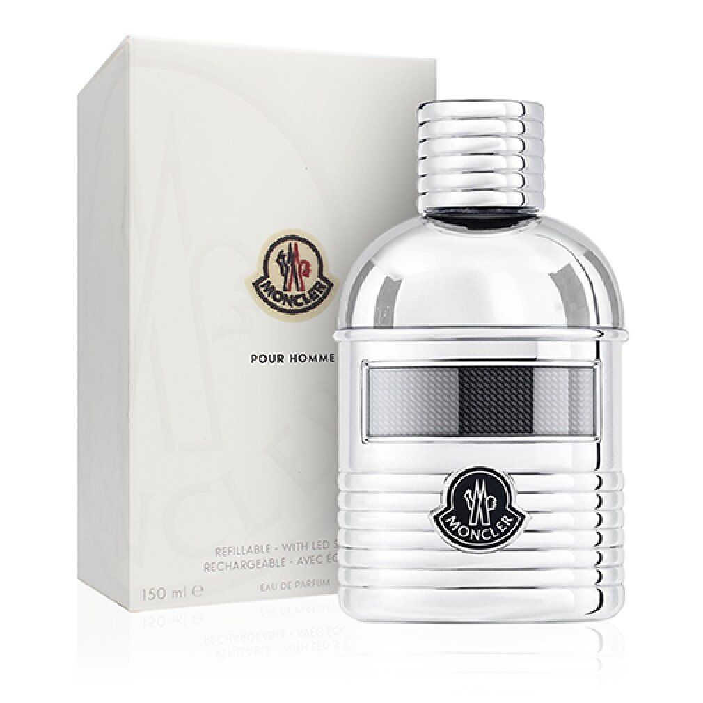 Flacon argenté avec écran LED et logo Moncler. Emballage blanc avec logo et texte. "Pour Homme" et "Eau de Parfum".